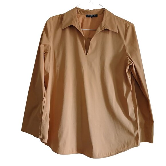 Lafayette 148 New York Women's Camel Tan V Neck Pullover Poplin Blouse Top M - Picture 1 of 3